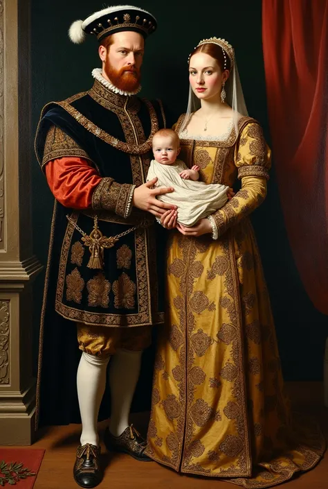 An oil painting of king henry VIII standing with catherine of aragon holding a baby