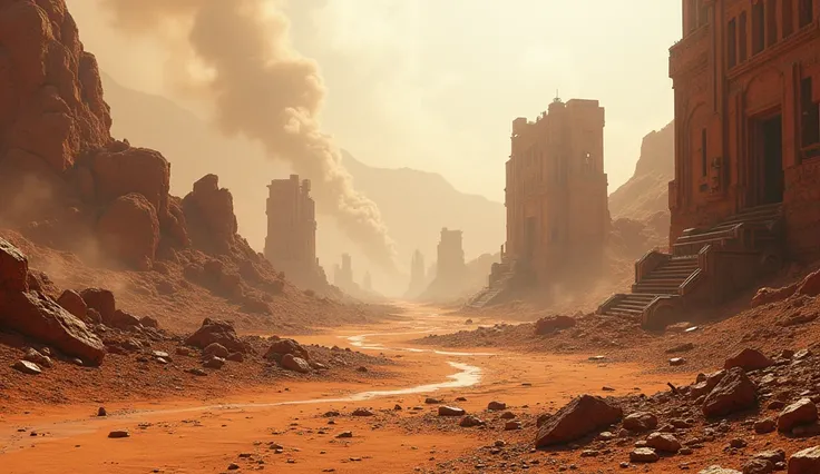  masterpiece, 16k, UHD resolution, Detailed representation, photorealistic, very realistic. Scene showing a desert region on an abandoned planet. The surfaces are covered with ash and volcanic debris, with ruined buildings displaying cracked and collapsed ...