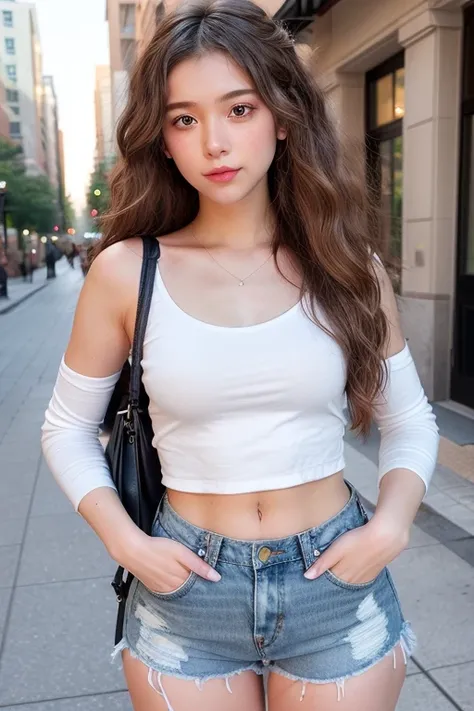 This collage features a young woman in a stylish, casual outfit, consisting of a white long-sleeved crop top and high-waisted, frayed denim shorts. She accessorizes with a small crossbody purse and white sneakers with a transparent design. In one image, sh...