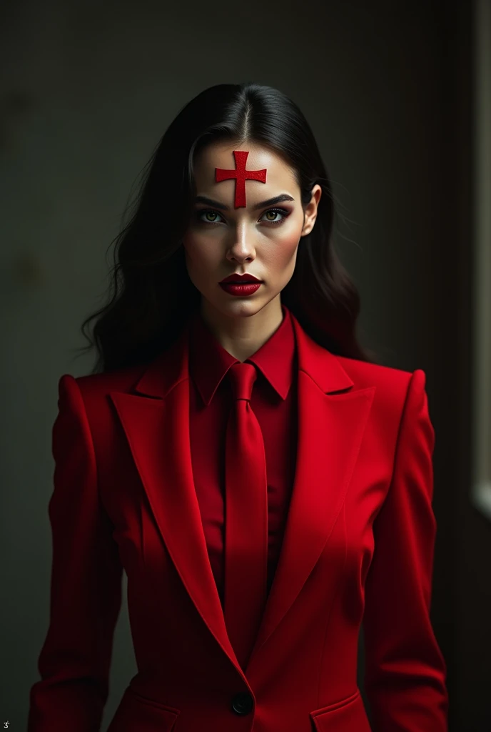 lantéchrist en femme avec une croix rouge sur son front costard cravate rouge 