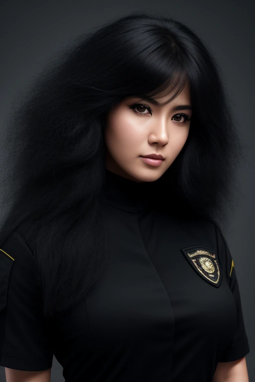 jet black hair, long hair,most very lion hair,most very wolf hair,most very frizzy hair,coarse hair,spread hairstyle,thick hair,fluffy hair,most very heavy weight hair,most very voluminous hair,shiny jet black hair,female jail officer,black uniform,a heavy...