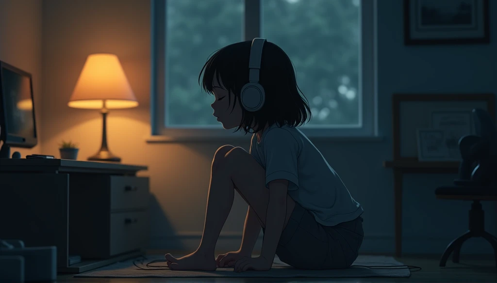 night、Girl sitting and listening to music in a cozy room, Using headphones, 2D-style animation, Lo-Fi, hard disk, Dark Environment、Makoto Shinkai style