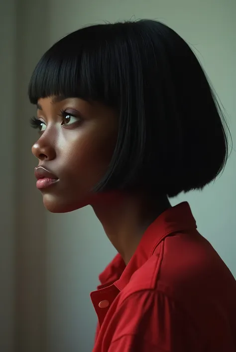 Beautiful Black Woman、Bobcut、profile、Depression、Red sleeved shirt