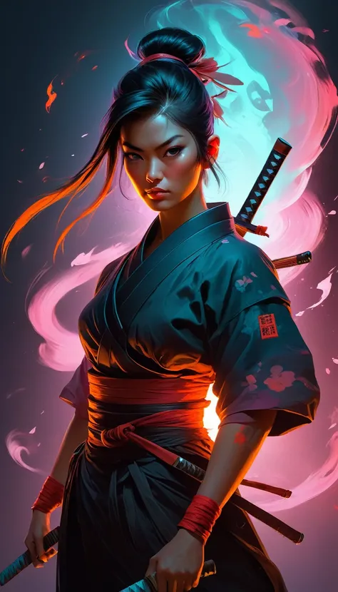 Samurai, 2 woman, hyperrealism, very detailed skin, 4k,,, AshleyWoodArtAI,, katana profile picture, Organic painting, evening, matte paint, Bold shapes, hard edges, Street art, trend in artstation, By Huang Guangjian and Gil Elvgren and Sachin Teng, glow, ...