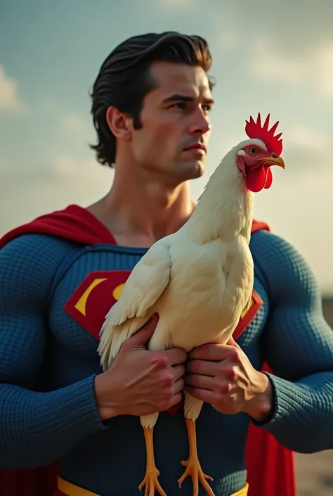 Superman holding a chicken by the neck

