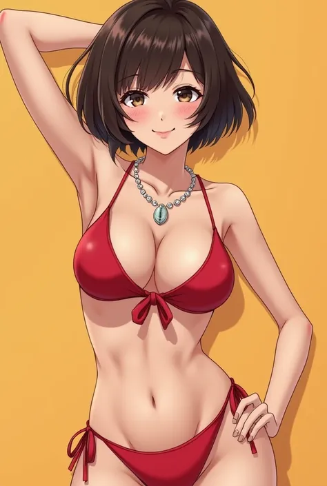 
"Japanese woman with short hair。The hairstyle is a bob cut、Her hair color is dark brown.。Wearing a red bikini、Bikini top with a tie front。She wears a shell necklace around her neck、Posing with one arm raised。Full body portrait of a woman with bright and h...