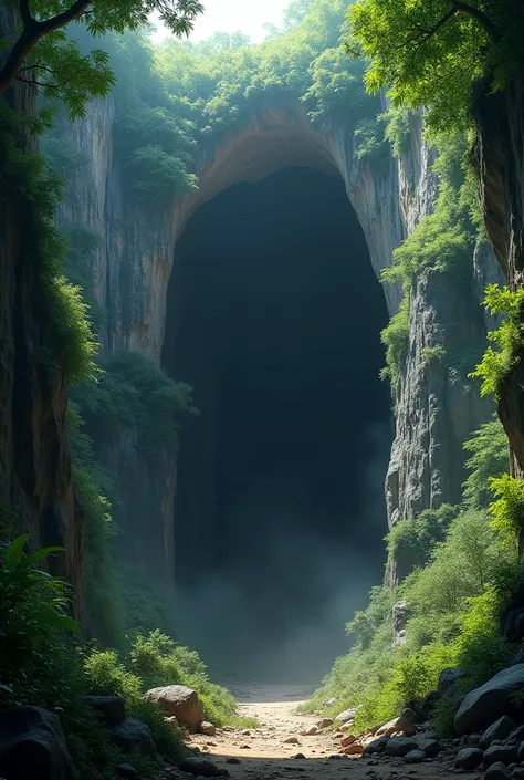 : "A wide-angle view of the entrance to Hang Sơn Đoòng cave, showing a massive dark opening amidst rocky cliffs and thick jungle greenery. The scene should convey the grandeur and scale of the cave’s entrance, with sunlight faintly entering the cave."