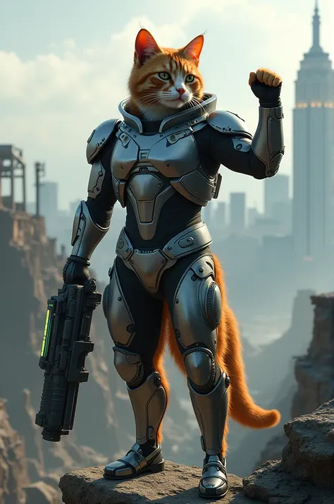 Imagine a cat wearing metal soldier suit holding futuristic weapon standing on cliff looking towards abandoned city making victory sign