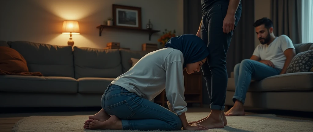 Navy blue headscarf, white long sleeve t shirt,blue jeans, barefoot, skinny woman kneeling at home. A man in front of a woman. Woman kisses man&#39;s sweatpants. Another man watches them from the couch. 