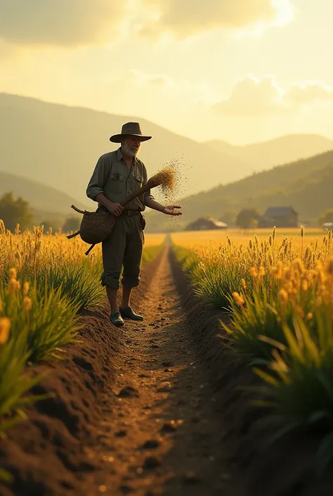 Farmer throwing seeds on the field standing on the way