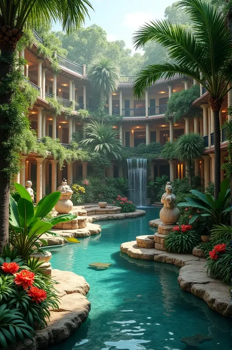 Large Courtyard up to third floor for a hotel full of tropical plants and trees and tropical flowers with aquatic statues and a seating area. The design is tropical architecture