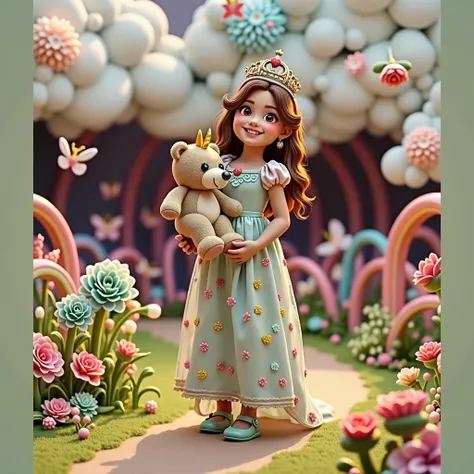   in the photo, cabelos castanhos ondulados, eyes browns, princess dress in pastel colors, holding a unicorn teddy bear, in the background cute rainbow drawings with a beautiful sky, all in 3d drawings.