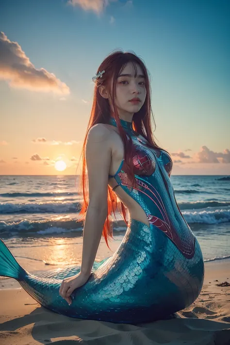 ((masterpiece, best quality, extremely detailed), volumetric lighting, ambient occlusion, colorful, glowing), 1girl, solo, young girl, (red hair), long hair, goddess, cyber suit, (mermaid design:1.3), outdoors, sunset, sky, clouds, beach, sea, , (cyberpunk...