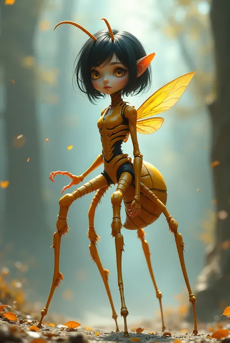 A hornet boy with bright gold eyes, long legs, light complexion and shoulder length dark hair, paired with a small frame