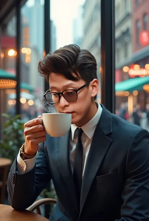 Close-up of a young businessman wearing glasses and drinking coffee at a coffee shop near a glass window. city ​​scenery background