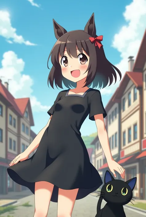 Girl wearing a black dress。hair should be shoulder-length、It would be cute if it had an accent like a ribbon.。The background is a European-style townscape and a flying landscape.。The girl has a cheerful and positive expression。
Place a black cat next to it...