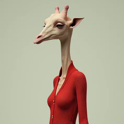 Only the neck is like a giraffe、Very long woman。Wearing a red knitted outfit。Neck color is flesh color。
