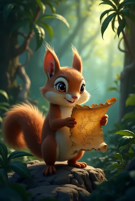 draw a squirrel who is giving a map in the dark jungle