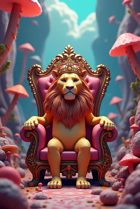 Hello  I want a creative 3d stoned landscape photo of giving  lion wearing crown in a royal chair with more detailing 24 inch ×18 inch