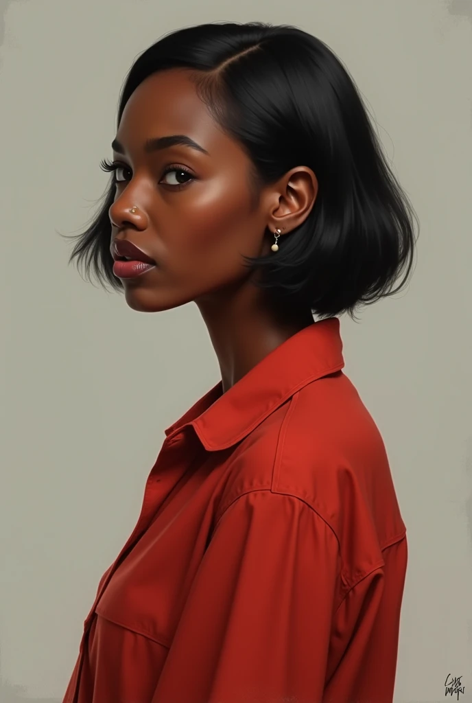 Beautiful African Woman、Brown Skin、Bobcut、profile、Depression、Red sleeved shirt