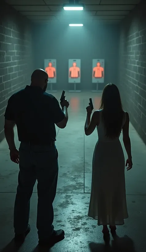 Dimly lit shooting range with 4 shooting positions and several targets far from each position. There are 2 people shooting with pistols, a big strong man and a thin woman with long hair.