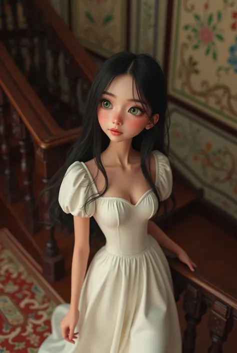 (photorealism:1.2), The girl descending an elegant staircase. The girl wearing a beautiful white dress that flows elegantly, with a puffed sleeve design. The girl has an oval face with defined cheekbones and a soft jawline. Her eyes are large and light gre...