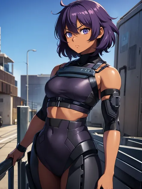 dark skin,small female,anime,kawaii,short hair,purple hair,messy hair,cblue eye,looking at view,metalgear