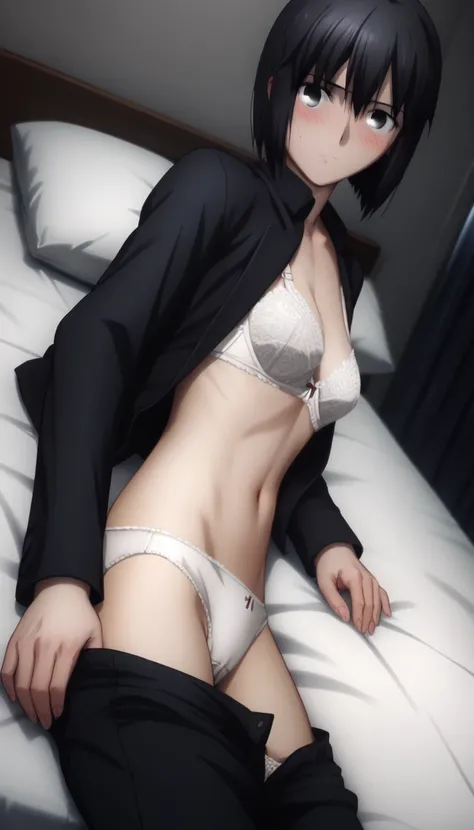 sauce_anime, ambient light,
fsn_ubw_style, 1girl ,tall girl, straight hair ,bob cut hair, black hair, deep black eyes, squinting, hair between eyes, perfect eyes , Perfect face, expressive eyes, 
(undress lace bra),,(black jacket) , (slender body), slim bo...