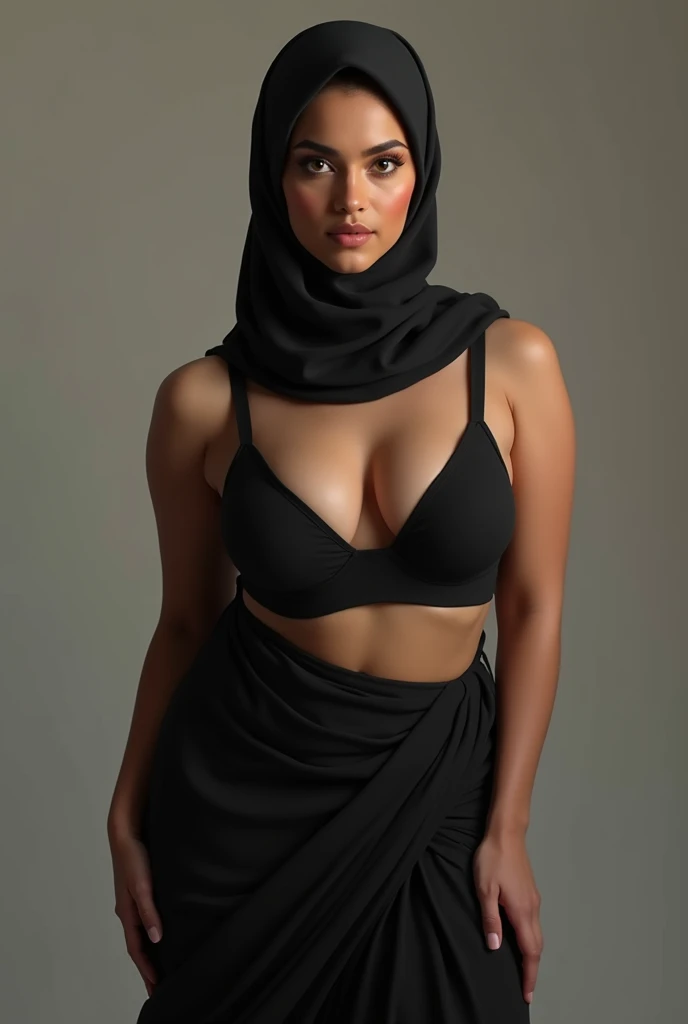 Full-body photo of Ameya Qureshi, a beautiful Muslim woman with a curvy body type as that of Alexis fawx . She’s wearing a head hijab, a sleeveless black saree exposing her navel, and a black bra-shaped blouse. Her arms are positioned upwards, revealing he...