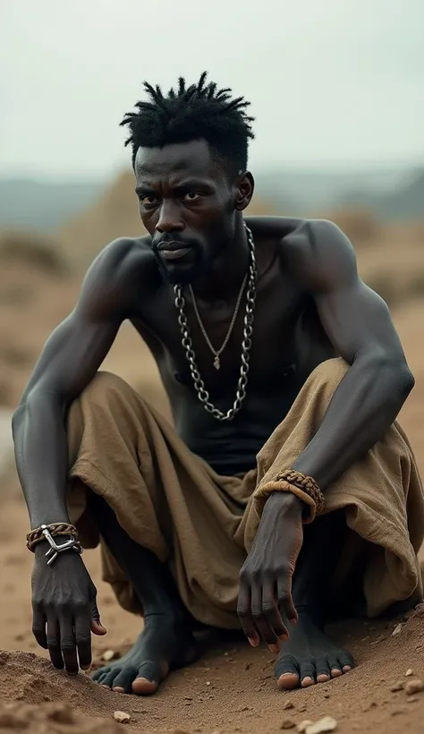 a black man slave, sits on the ground, 1400s