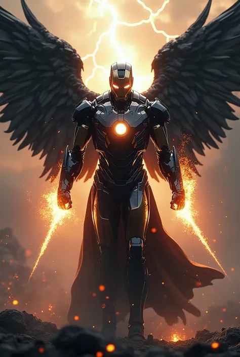 Imagine a fusion of Lucifer and Iron Man: a celestial figure with black, metallic armor that radiates both divine and technological power. This hybrid wields Lucifer’s dark magic while utilizing Iron Man’s high-tech weaponry, merging holy fire with arc rea...