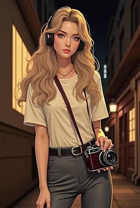 Attractive woman, I have an antique camera., Japanese women, Long curly hair,melancholy night,He was wearing a suit,Wearing headphones，Wear a white T-shirt,strong sunlight,old school hip hop style,