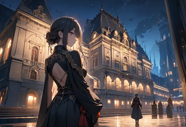 8K,high res,view of back,she or he stand the front of the beautiful building,night