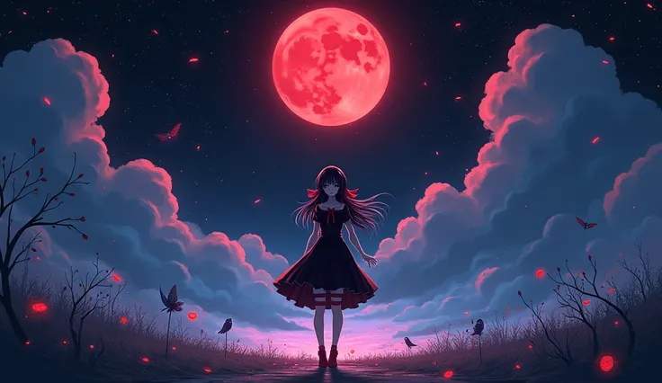 masterpiece, Highest quality, detailed, One girl, alone, night sky, Outdoor, Red full moon,magic, cloud, night,,  Dark Sakura, (Black Dress), Long Hair, Wicked Smile, Red ribbon, Striped, Thighs,((crystal)),(owl)、Fairy、Shining Orb、光るmagic陣、fractal、Gensokyo