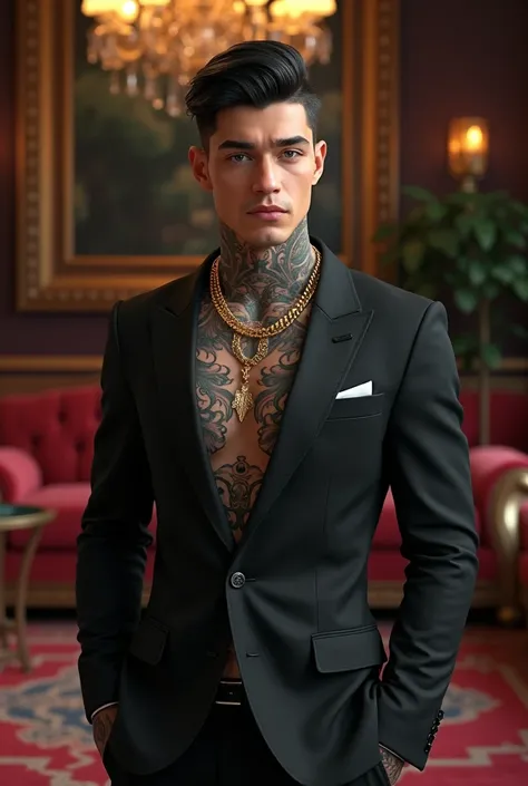 Man in twenties, tattoos, black hair, blue eyes, formal, suit , golden necklace , rich , standing 