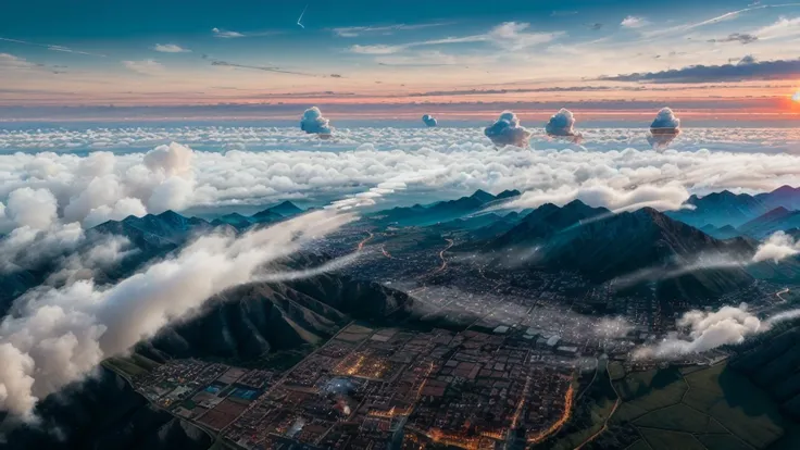 Aerial View, beautiful picture，Showing the village lit from below,Some chimneys in the village are emitting smoke，The sunset is not blue but a darker blue,(The whole sky is blue),High-altitude photography