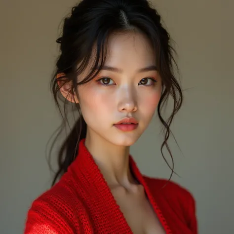 A woman with a neck length of 50cm。Wearing a red knitted outfit。Neck color is flesh color。Asian beauty face。
