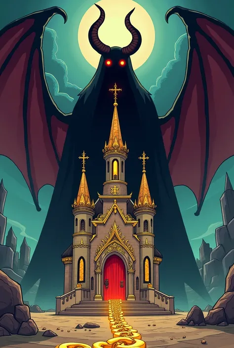 A cartoon depicting a church and an imperial throne linked by a gold chain. Behind, Satan&#39;s throne as an ominous shadow