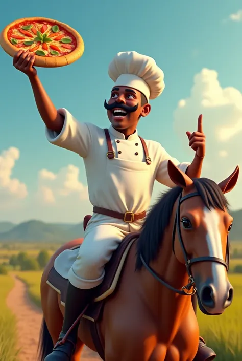 Make me a black pizza chef with a mustache sitting on a horse holding a pizza, and he pointing upwards to signify Brazil&#39;s independence, and he has to be smiling and wearing a chef&#39;s outfit riding a horse 