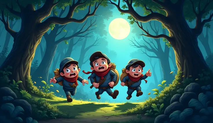 ***three thieves run from forest side to hide with bag of money at night time**cartoon 