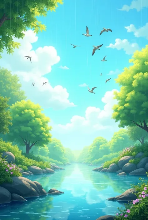 Illustrated scenery peaceful nature summer add bird add raining 