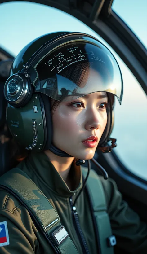 Ultra-realistic、Photorealistic、Beautiful Japanese Woman、The cockpit of the latest military fighter jet、fly in the sky、dramatic scene、masterpiece、Focus on the face、The information is displayed on the helmet visor.、Beautiful Eyes、The most advanced pilot&#39;...