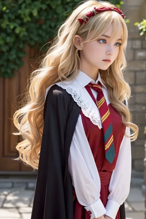 blonde hair, loose wavy hair, half-up hair, Big black ribbons in her hair,  light blue eyes, beautiful girl,  Half Canadian, Half British, A young woman wearing Hogwarts uniform white shirts and red Gryffindor tie and black robe