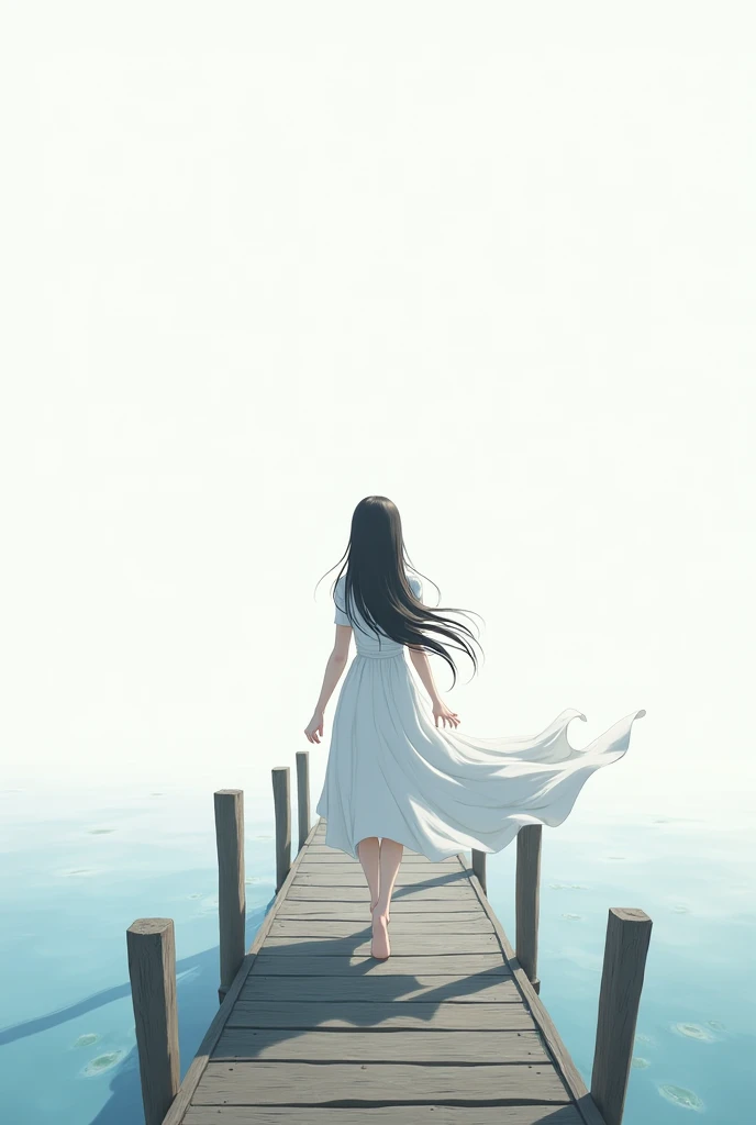 Woman, wearing a white dress, spirit, black hair, the atmosphere has a crisp white doctor, standing on a wooden bridge, Style anime