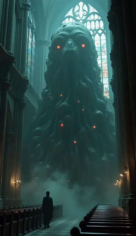 a cinematic, high-contrast photograph of a mysterious, Gothic-inspired cathedral with stained glass windows filtering shafts of eerie, a huge amorphous creature with a body covered in writhing gelatinous tendrils and dozens of glowing, irregularly placed e...