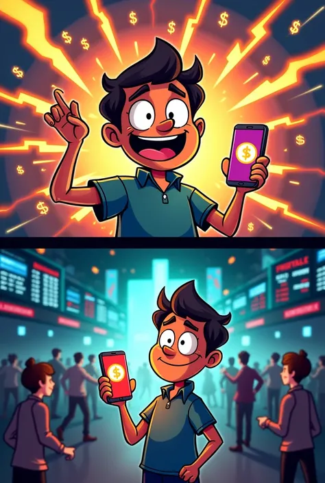 Create a vibrant meme that humorously portrays the relationship between OmniBTC and Movement. The image should be split into two panels. In the first panel, show an excited cartoon character holding a smartphone, with a glowing OmniBTC logo on the screen, ...