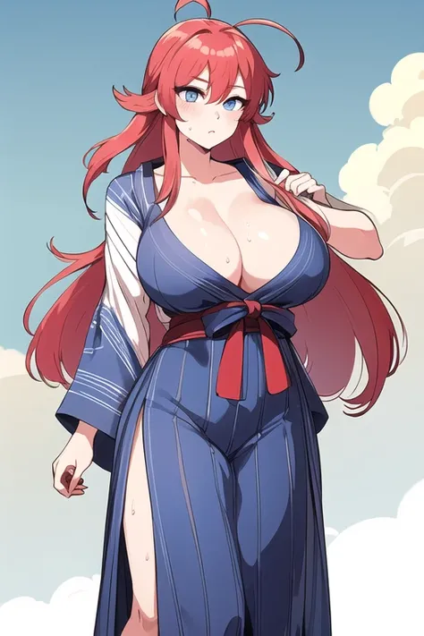 masterpiece、Highest quality、High resolution、Redhead＿Straight Long Hair、Ahoge、blue eyes、1990s wind、、(Big Breasts)、Sweat all over the body、vapor、、Full body view、fair、A loose yukata