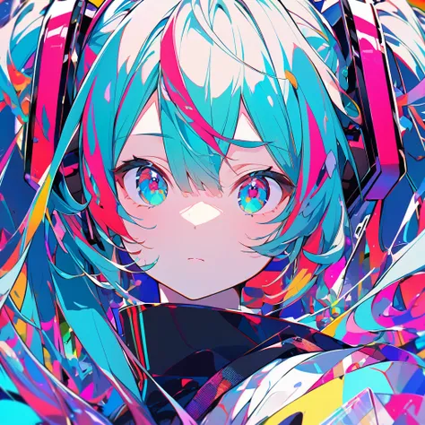 hatsune miku, abstract, glitched, colorful, face close up