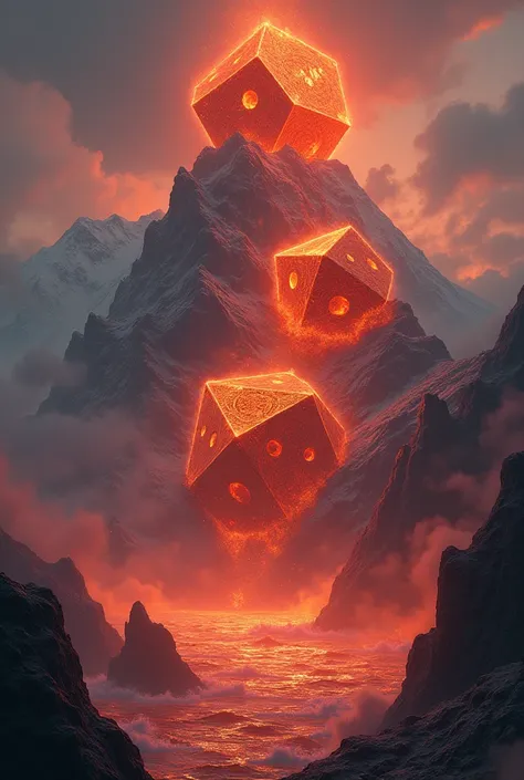 Burning 
Huge dice in top of mountain 
With red sea on the bottom