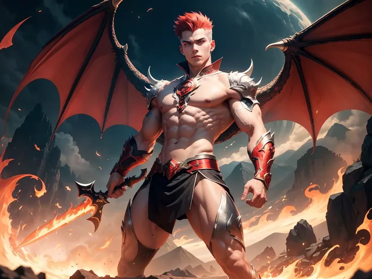 young man, 4k, high quality, dragon-slayer, tall, perfect body, detailed simmetrical circular iris, (electric red eyes), white pale skin, super power, light aura, character focus, dynamic pose, dragon and mountain in flames background